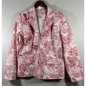 Coldwater Creek White Pink Red Jacket Size 10 Women's Lined Beaded Blazer Euc